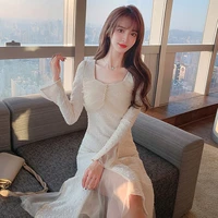 dresses for women party 2021 spring new mesh stitching sexy french slim mid length dress square collar long sleeve diamond dress