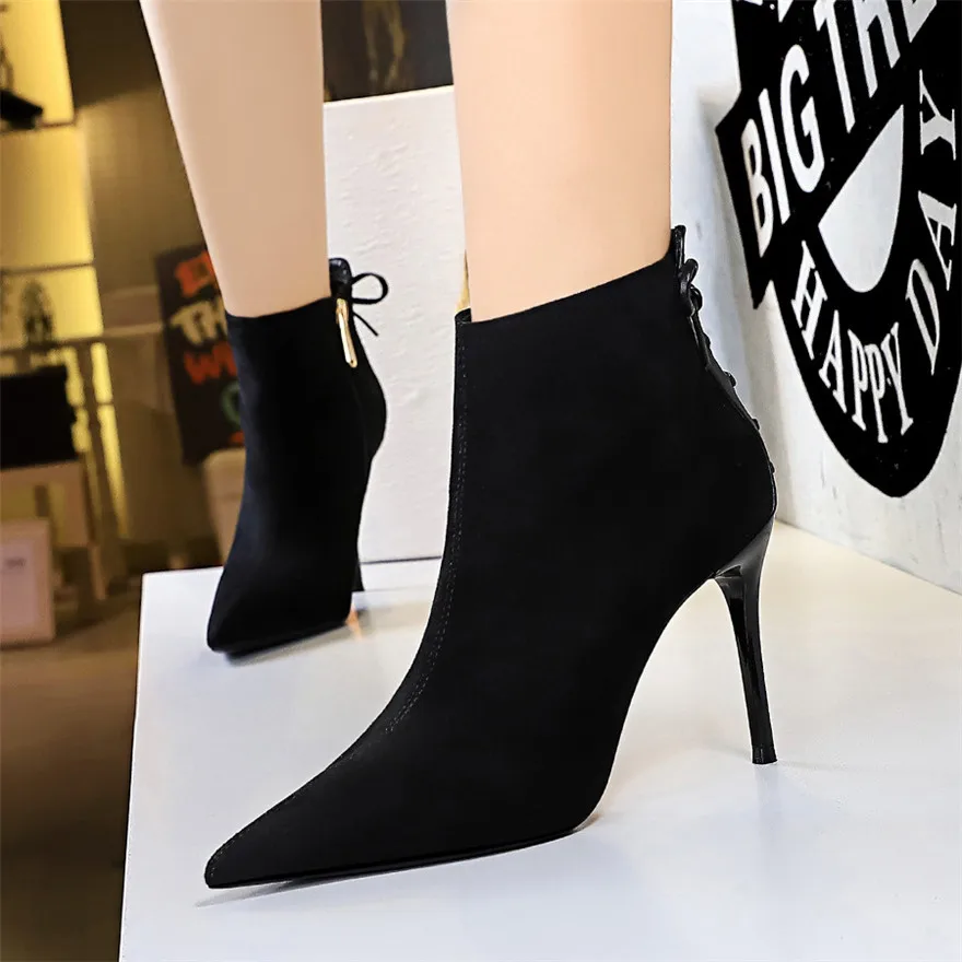 

Black Solid Flock Women Ankle Boots Autumn Winter Back Lace-Up Zipper Concise Short Boots Ladies Pointed High Heels Office Shoes