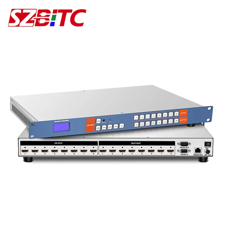 SZBITC-conmutador de vídeo Matrix 8 en 8, 4K, HDMI, divisor 8x8 EDID RS232, botón Visual, Control remoto IR para LCD TV DVD