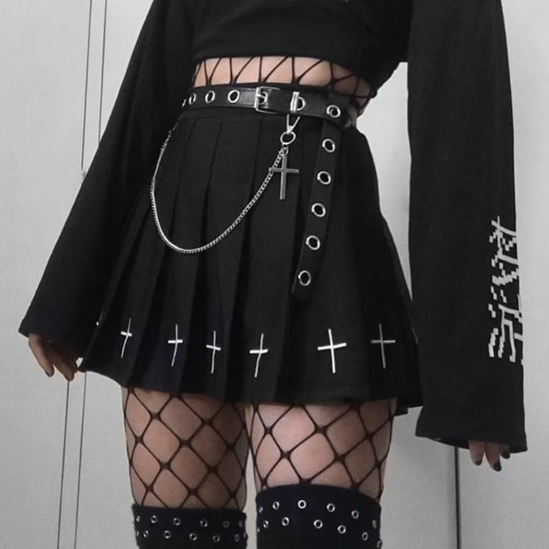 

Casual College Lolita Harajuku Skirt High Waist Mini Black Skirts Gothic Streetwear Cross Print Pleated Women Skirts Punk style