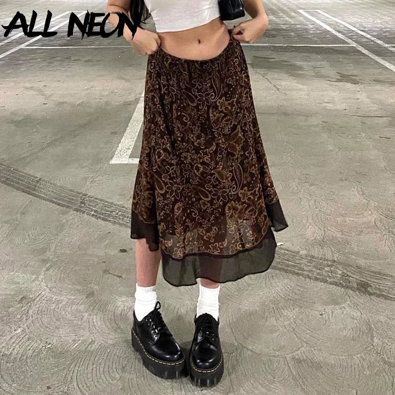 

ALLNeon Fairy Grunge Streetwear Art Print Brown Midi Skirts Elfcore Aesthetics Low Waist Patchwork Ruffles Mesh Long Skirt Retro