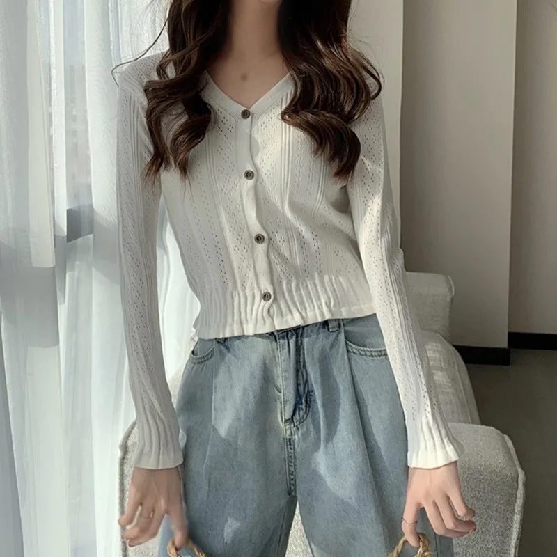 

Women V-neck Simple Button Lace Cardigan Autumn Hollow Versatile Long Sleeve Short Lady Comfortable And Breathable Fabric Coat