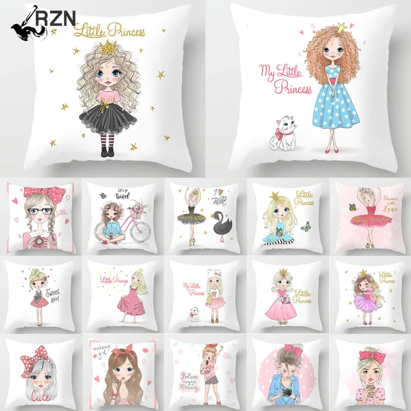 

Hot Cute Girl Little Princess Polyester Cushion Covers 45*45cm Square Decorative Pillows Home Sofa Bed Decoration Pillowcover