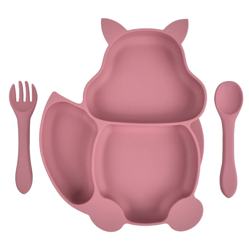 

W3JF Food Grade Silicone Squirrel Shape Baby Divided Feeding Plate with Spoon Fork Set Training Food Utensil Dinnerware
