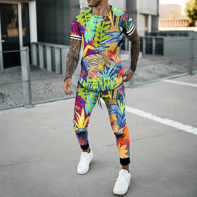 

2021 Summer New Men's Suit Fashion Hip-Hop Trend Harajuku 3D Cute Bird Print T-Shirt Sports Pants 2-Piece Outdoor Leisure Daily