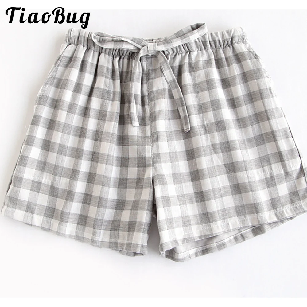 

Парные пижамы, летние хлопковые марлевые шорты в японском стиле, простые повседневные брюки большого размера с эластичным поясом в клетку д...