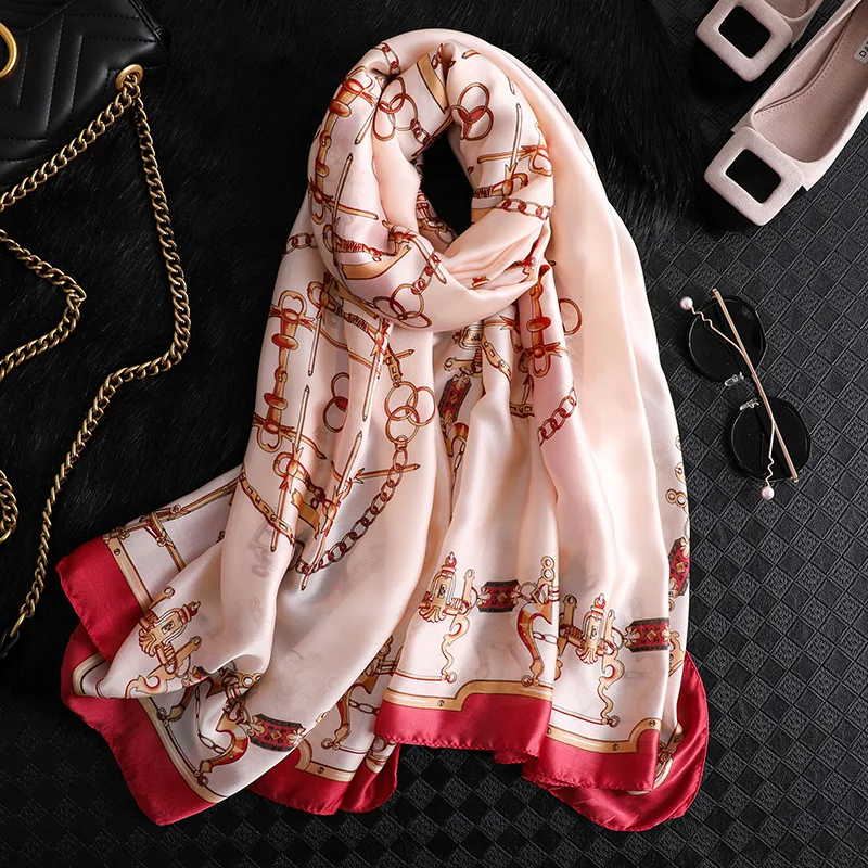 

Women Imitation Silk Scarf Retro Chain Print Shawls Office Lady Soft Wraps Female Headscarf Beach Towel Best Gift 90x180cm