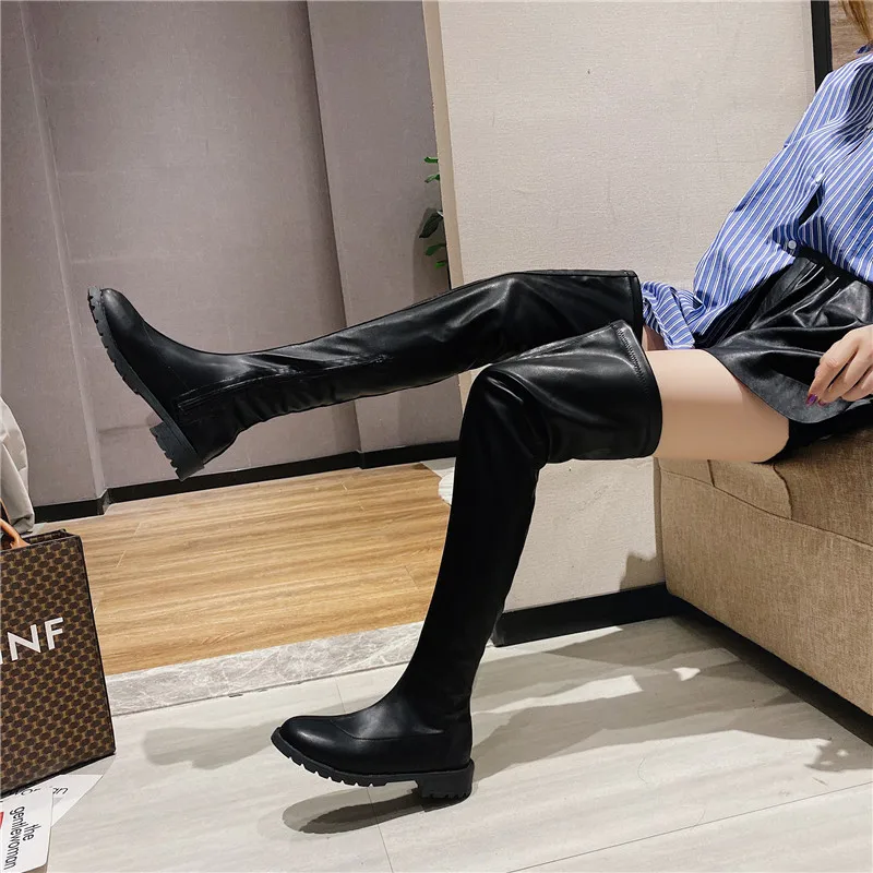 Новинка 2020 зимние женские сапоги модные выше колена на толстом каблуке молнии