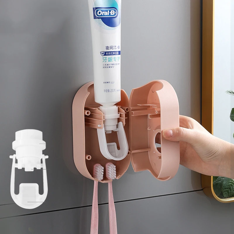 Dispensador autom&aacute;tico de pasta de dientes sin perforaci&oacute;n, soporte de pasta dental adhesivo para el ba&ntilde;o, kit de exprimidor, estante para cepillo de dientes-2