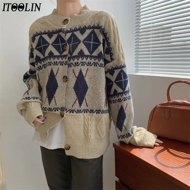 

ITOOLIN O Neck Button Vintage Sweater Women Cardigan Single Breasted Women Fall Outerwear Women Warm Tops Coat Jacquard