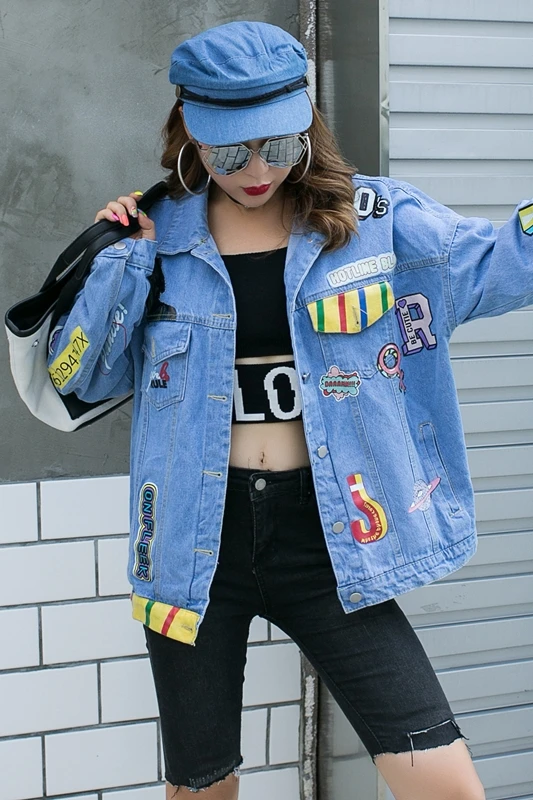 

QING MO Women Denim Coat 2021 Spring Autumn Women Hip Hop Jacket With Patch Female Graffiti Printed Outwear ZQY4662