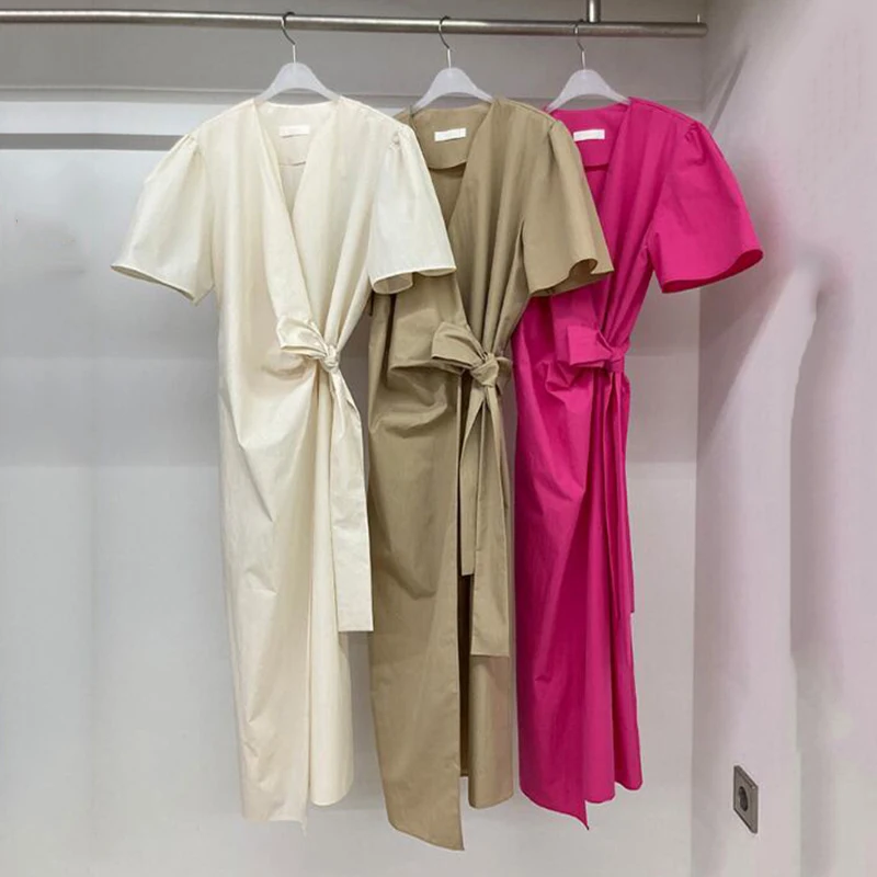 

Sister Fara New Short Sleeve Lace Up Summer Dresses for Women 2021 Loose Mid Dresses Elegant V-Neck Solid Straight Dress Woman