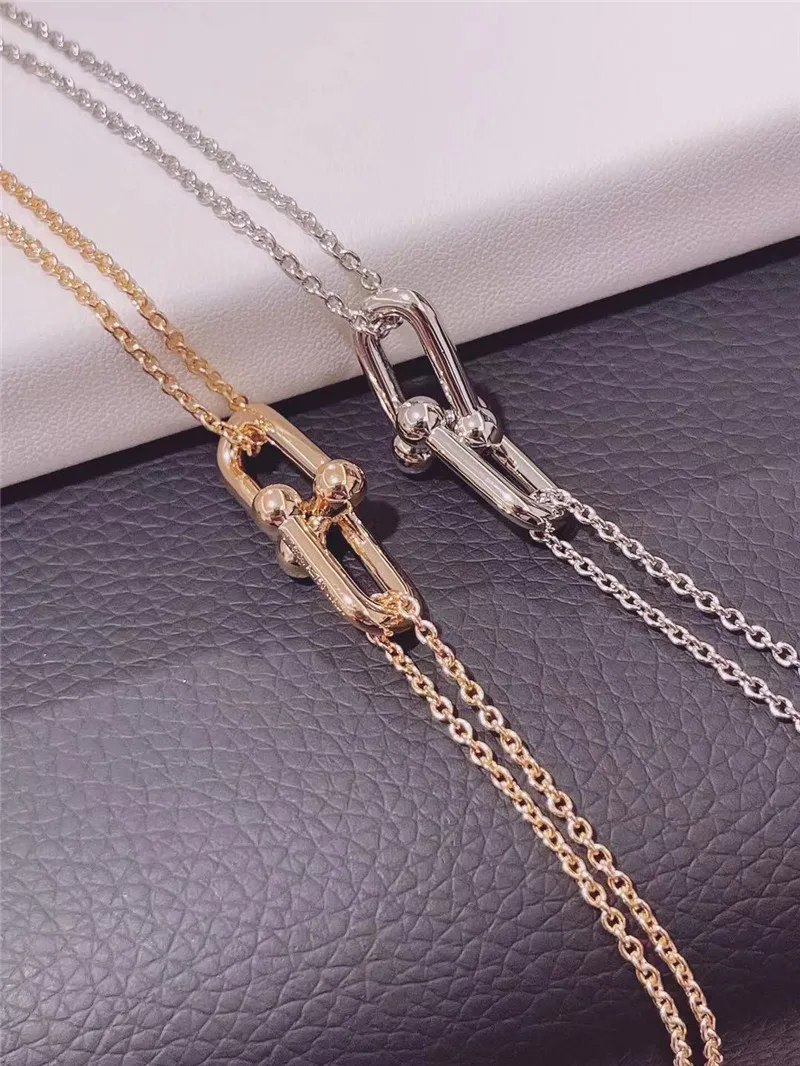 

Elegant Hot Brand Lock Double Chain Necklace Women In Sterling Silver 925 Top Quality Original Bijoux Gifts