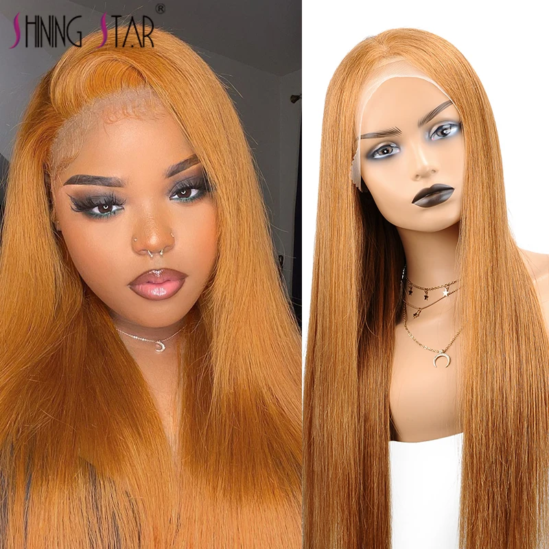 Ginger Blonde Transparent 13×4 Lace Front Human Hair Wigs Pre Plucked Brazilian Honey Blonde Straight Human Hair Wig 180 Density