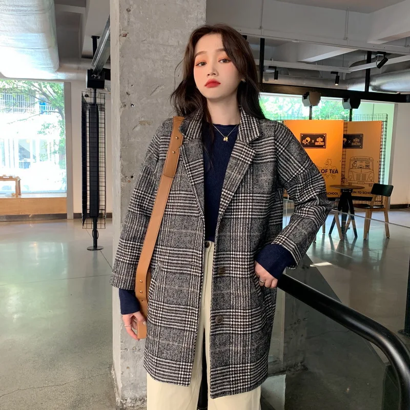 

Women Plaid Wool Blends Coat Winter Autumn Fashion Elegant Tweed Woolen Outerwear Female