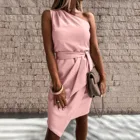 Женское офисное платье на одно плечо, винтажное Плиссированное однотонное Элегантное летнее платье без рукавов, 40 #, 2021