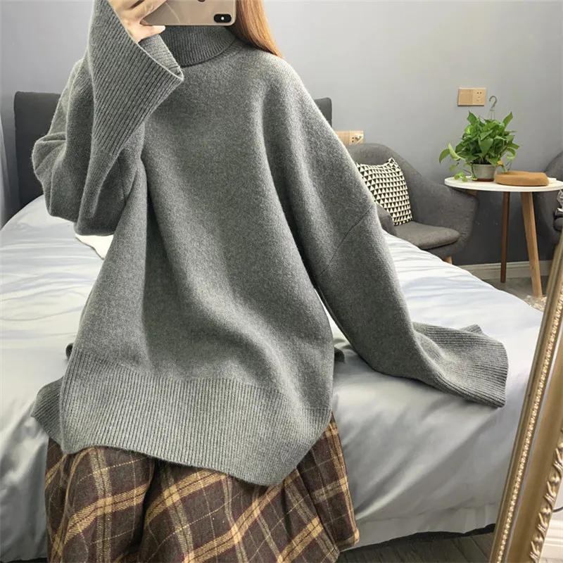 Женский вязаный пуловер с высоким воротником DEAT Свободный теплый однотонный в