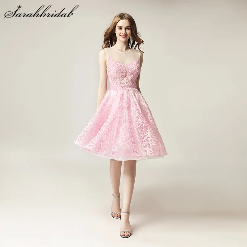 

Youthful Homecoming Dress Sleeveless Short A Line Graduation Gown Lace Applique Pearls Illusion Empire Vestidos Cortos LX313