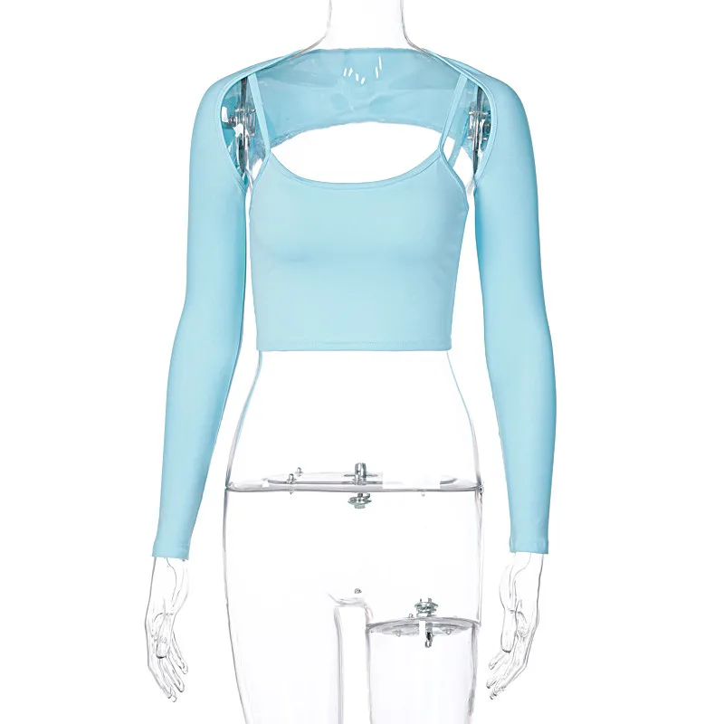 

HIRIGIN 2pcs Autumn Women's Set Solid Blouse Long Sleeve Shawl Round Neck Short Suspenders Tanks Sexy Female Streetwear 2020