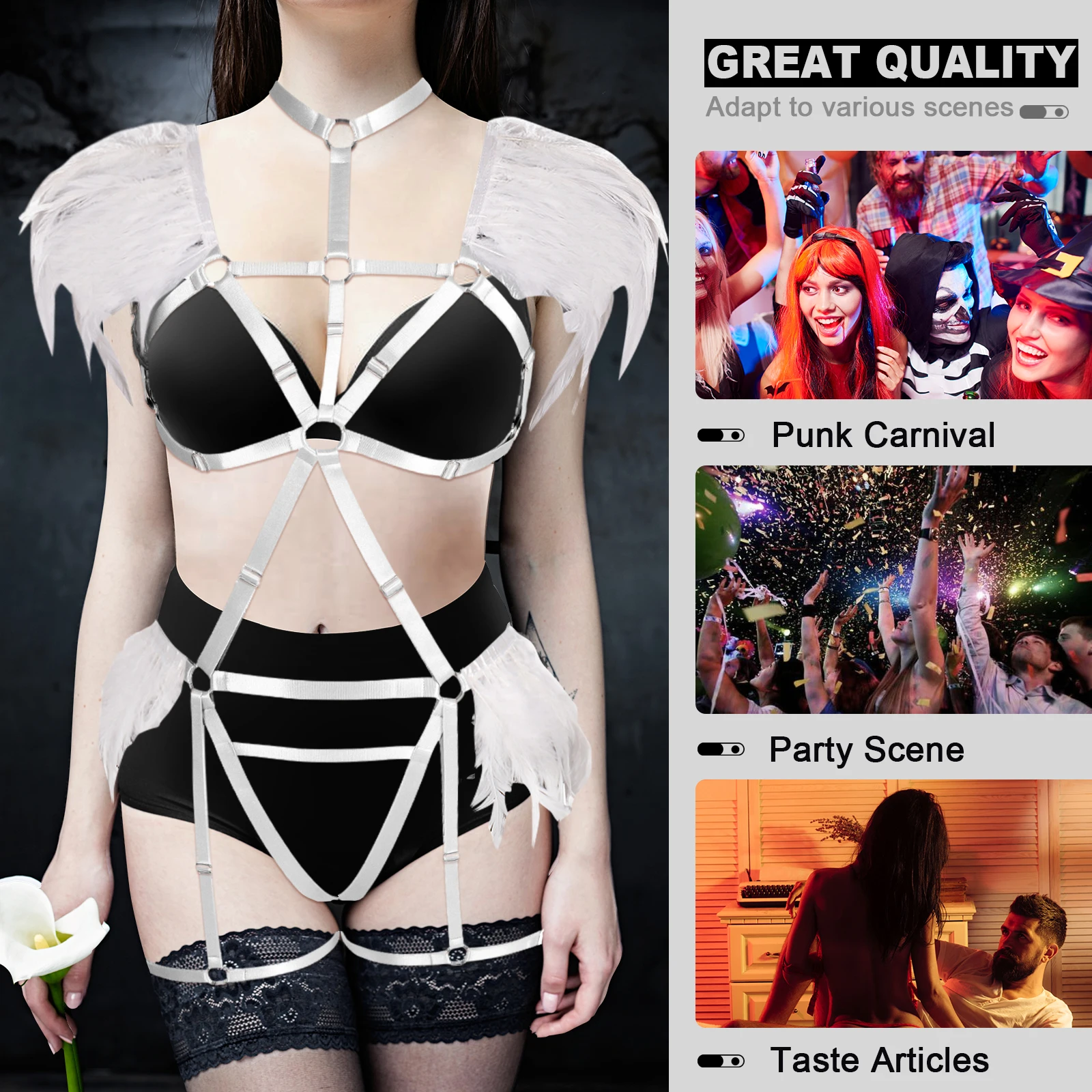 

White Feather Strap Bust Garter Belt Punk Wear Suit Sexy Lingerie Female Festival Rave Wear Binding Women Body Elastic Harness