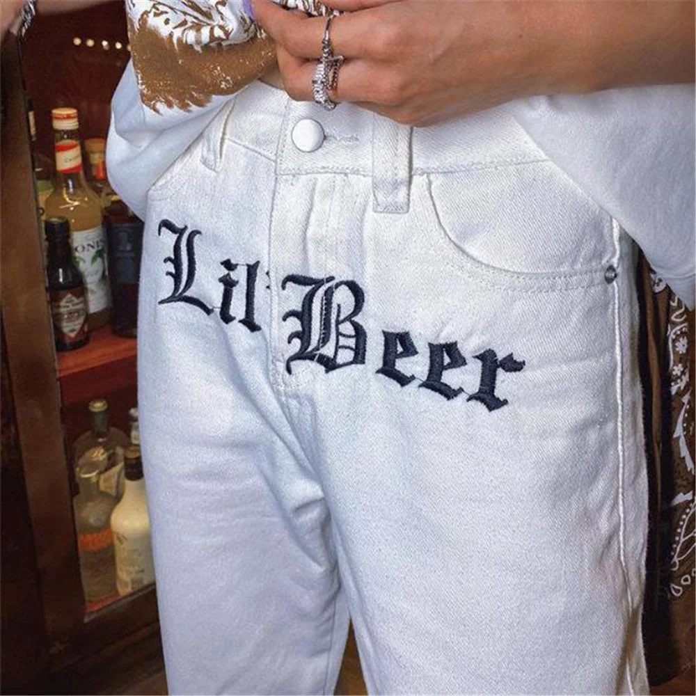 Женские прямые джинсы в стиле Харадзюку белые готические брюки из денима хип-хоп