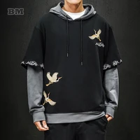 chinese style fashion crane embroidery fake two piece hoodie loose plus size sweatshirt men clothing harajuku oversize pullover