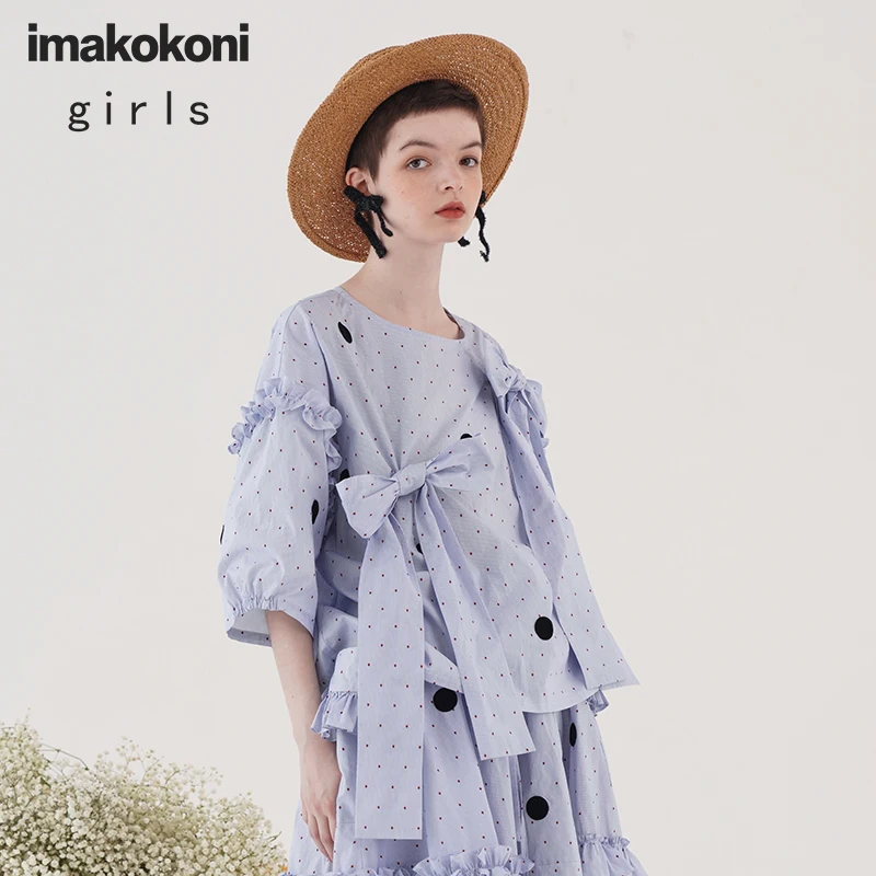 Imakokoni синий топ в горошек оригинальный дизайн японском стиле с коротким рукавом