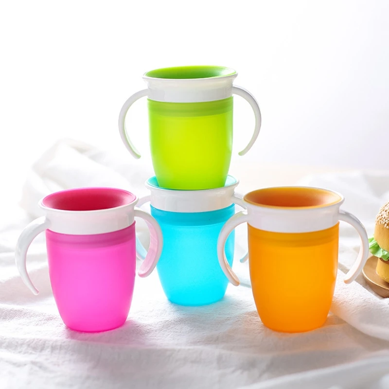 

360 Degrees Rotatable Baby Learning Drinking Silicone Cup with Double Handle Flip Lid Leakproof Infants Water Cups Bottle