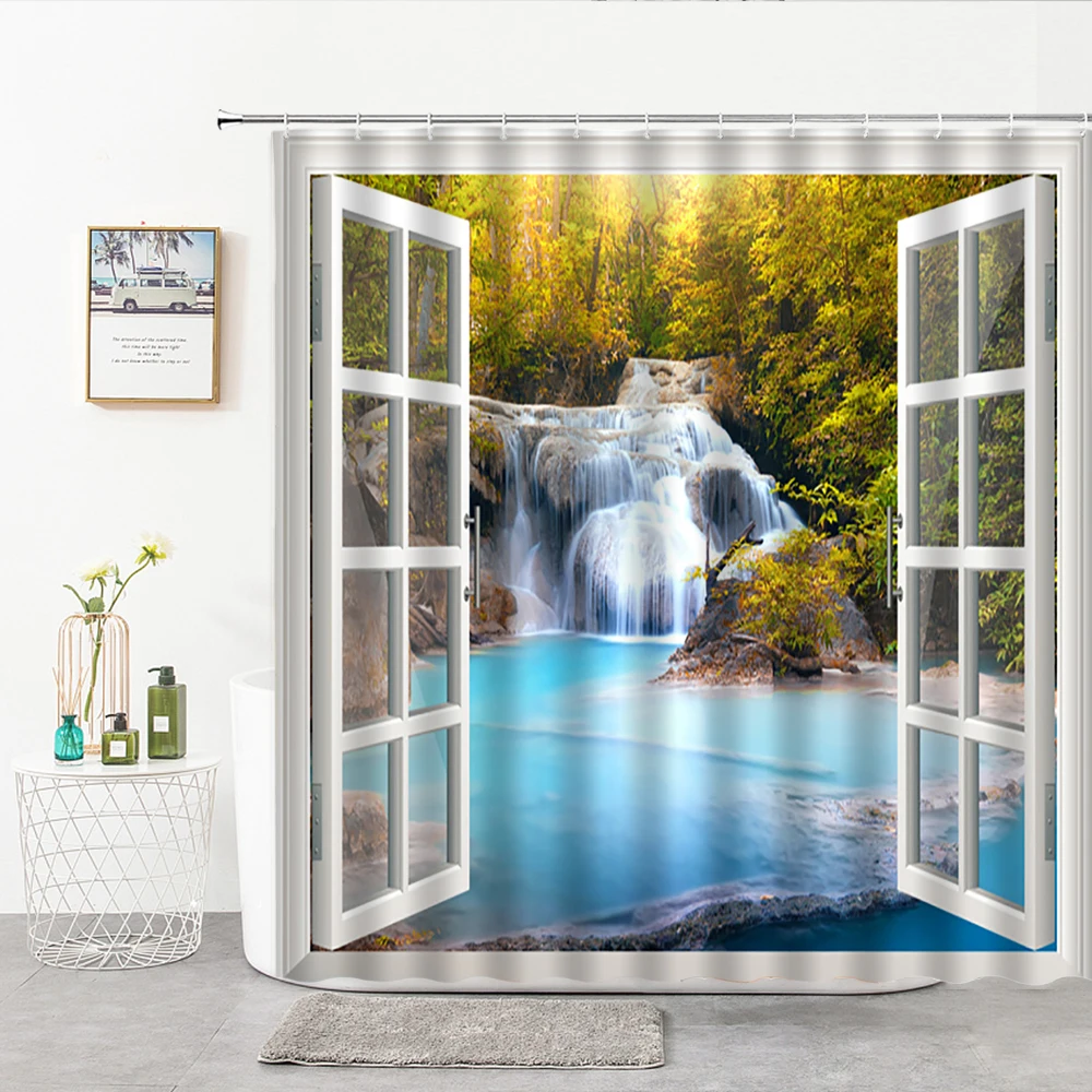 

3D Mediterranean Windows Shower Curtains Sea View Home Bathroom Decoration Curtain Living Room Background Curtain With Hook