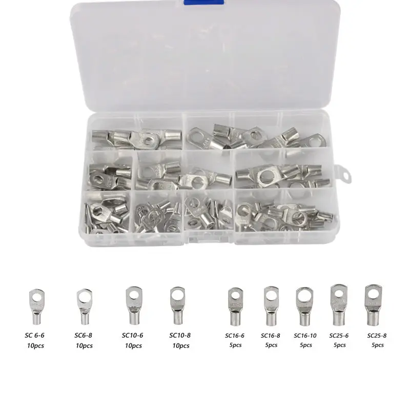 

65Pcs SC Bare Cable Crimped Terminal Assorted Kit SC6-SC25 Bare Terminals lug Tinned Copper Lug Ring Seal Wire Connectors