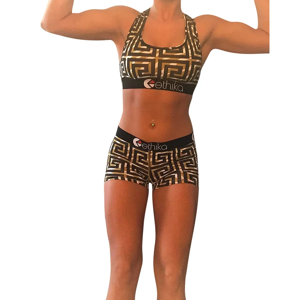 

2021 Summer New Fashion Printed Casual Sports Suit Slim O-neck Sleeveless Vest and Shorts Ladies Two-Piece Set