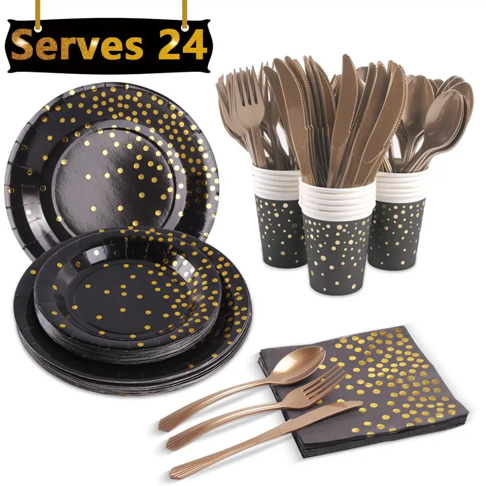 Одноразовая посуда для свадьбы черного и золотого цвета одноразовая салфетка