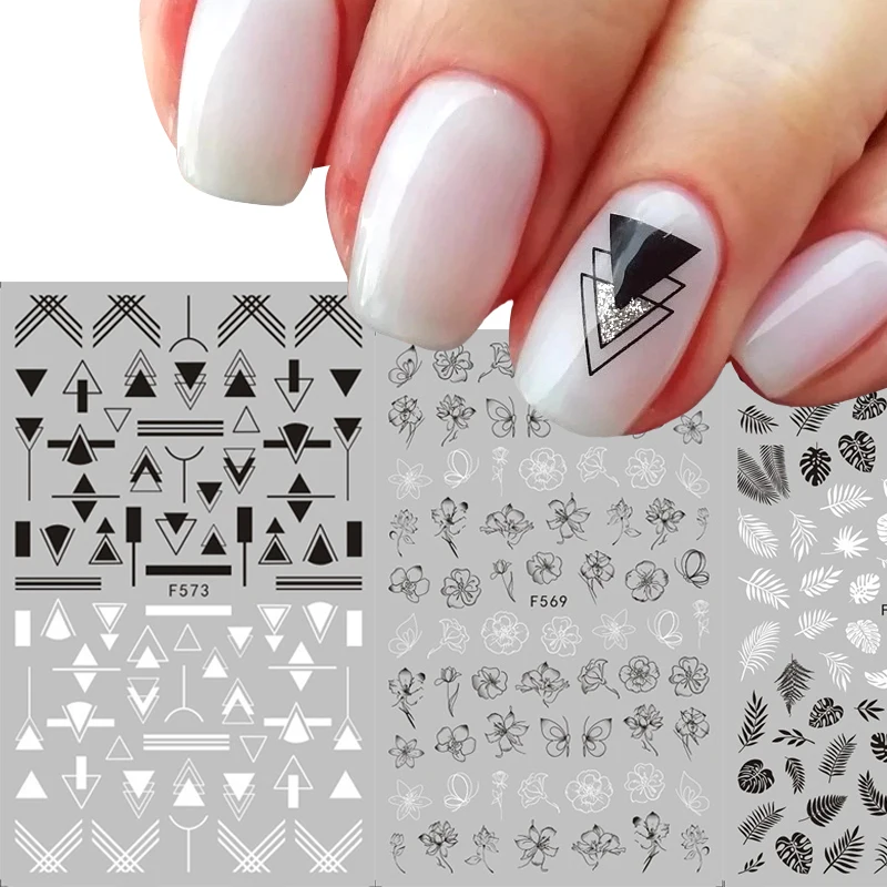 

1 pcs 3D Nail Sticker Black White Sliders Flower Leaf Geometry Adhesive Nail Decals Foil Design Manicure Nail Art Decorations