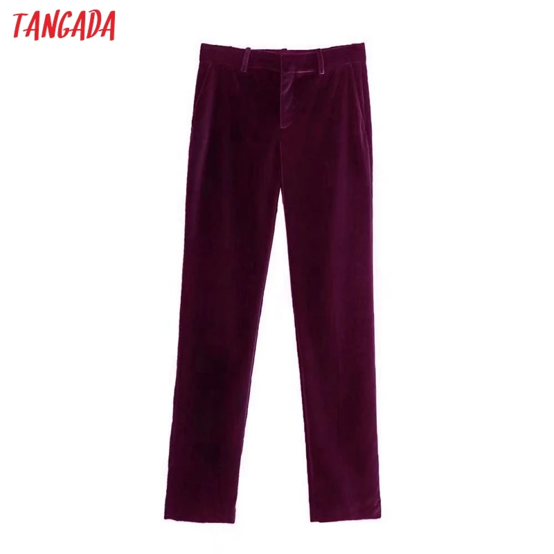 

Tangada Women Fashion Side Pockets Office Wear Velvet Pants Vintage High Waist Zipper Fly Female Trouser 3H70
