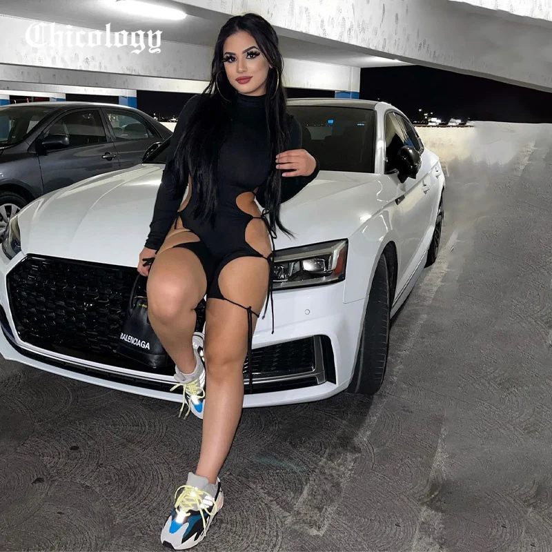 

Chicology 2021, женские осенние однотонные облегающие мини-комбинезоны на молнии сзади с длинным рукавом, с вырезами, на шнуровке, сексуальные фес...