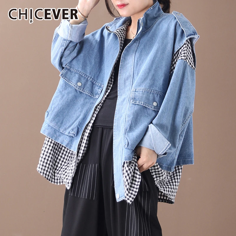 CHICEVER Лоскутные клетчатые джинсовые куртки для женщин воротник с лацканами