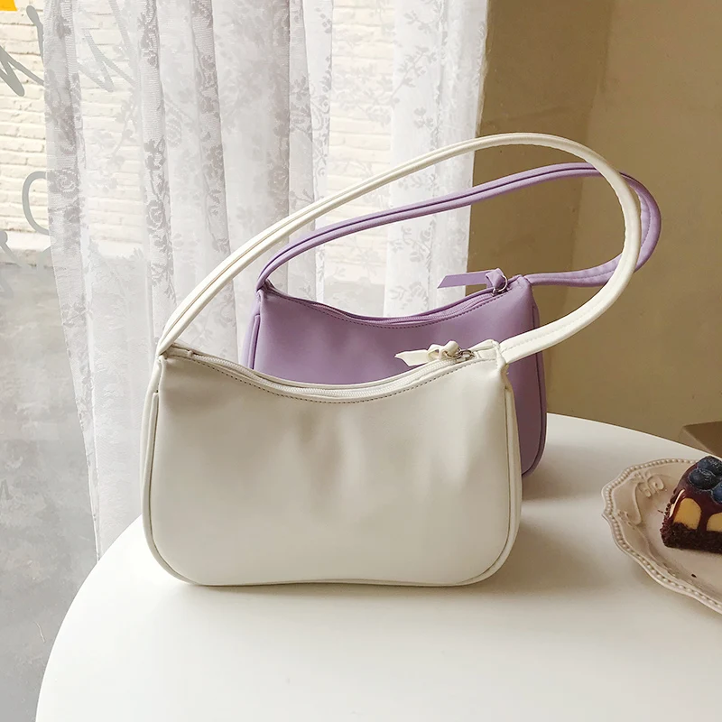 

Vintage Baguette Bag For Women PU Leather Shoulder Bag Solid Color Armpit White Bag French Subaxillary Bag Designer Handbag