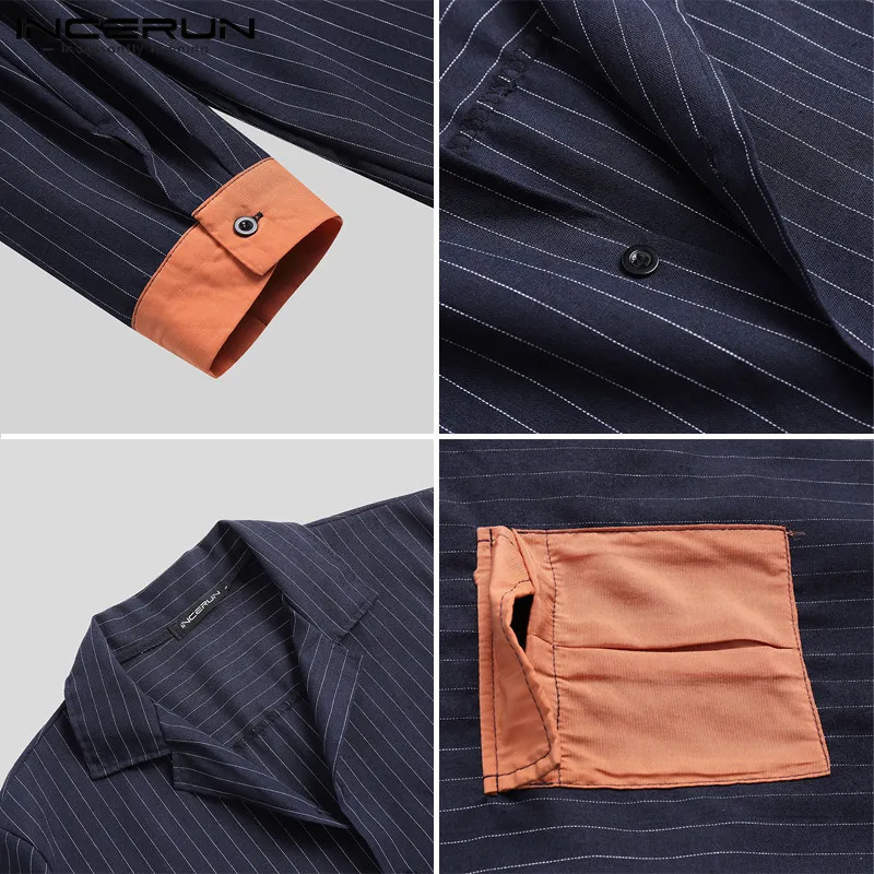 

Korean Style Patchwork Button Chemise Hombre Pockets Loose Blouse INCERUN Men Casual Striped Shirts Long Sleeve Lapel Camisa 3XL