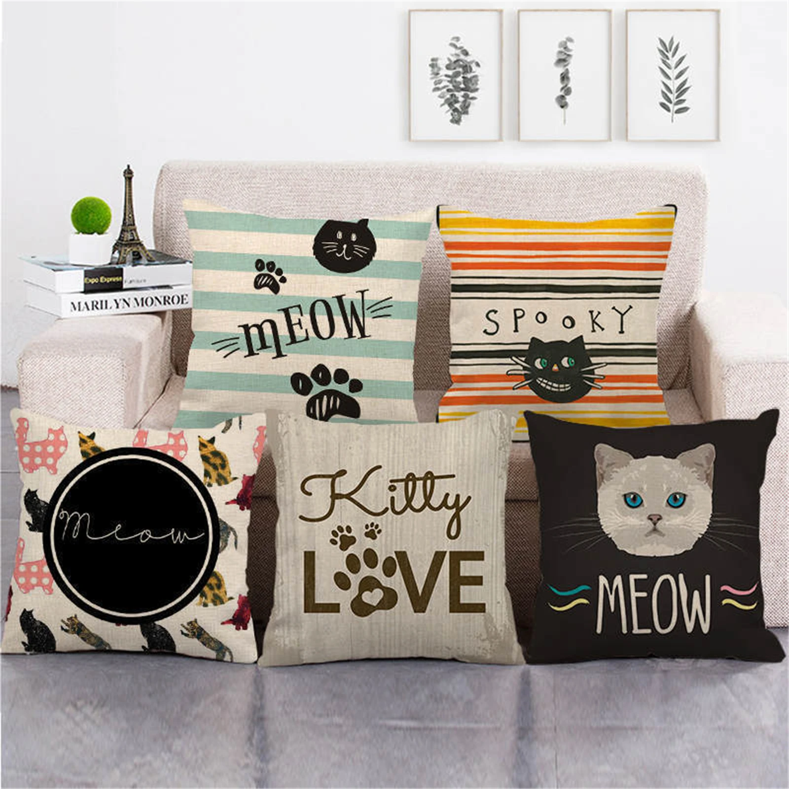 

Fuwatacchi Cute Cat Photo Pillow Case I Love Cat Letter Print Linen Cushion Cover for Sofa Home Car Decorative Throw Pillowcases