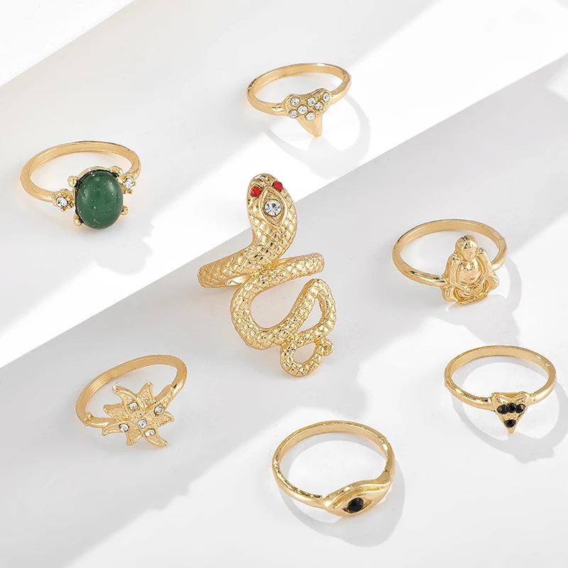 Docona набор колец в богемном стиле змея золотистого цвета с кристаллами Будды