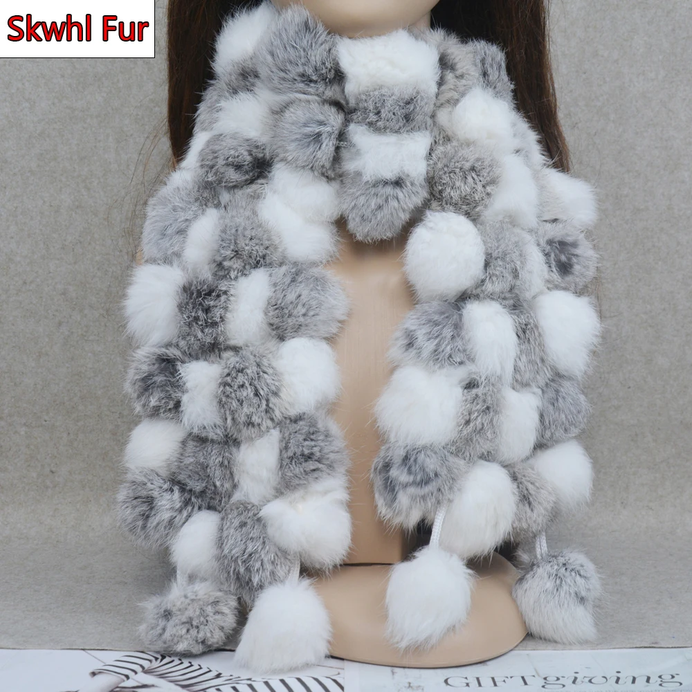 

2021 Hot Sale Winter Women Real Fur Scarf Natural Warm 100% Genuine Rabbit Fur Scarves Lady Hand Knitted Real Rabbit Fur Muffler