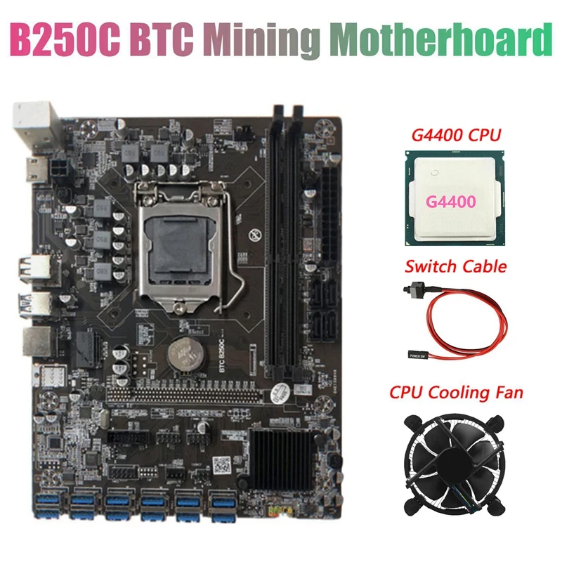 B250C BTC التعدين اللوحة مع G4400 وحدة المعالجة المركزية + مروحة + التبديل كابل 12XPCIE إلى USB3.0 وحدة معالجة الرسومات فتحة للبطاقات LGA1151 يدعم DDR4 RAM