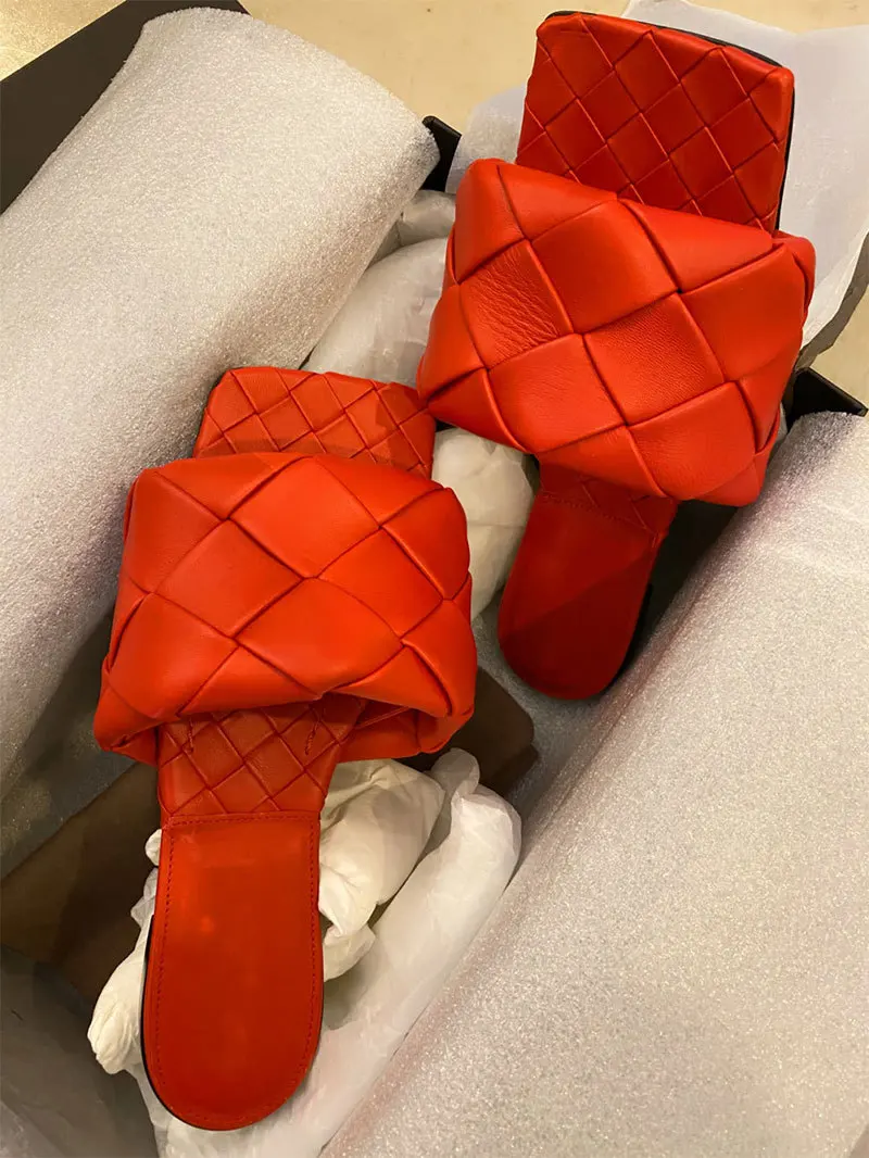 

early spring new thin heel square head woven half high heel one line belt flat bottomed versatile beach slippers