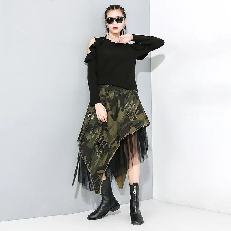 

New Spring Autumn High Elastic Waist Comouflage Irregular Mesh Personality Skirts Women Fashion Tide femme jupes