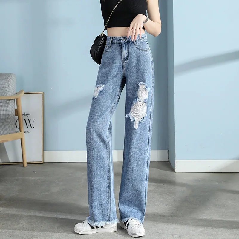 

Fashion Female Ripped Jeans Plus Size Denim Streetwear Boyfriend Pants Mom Jeans Women High Waist Holes Baggy Denim Trousers 30