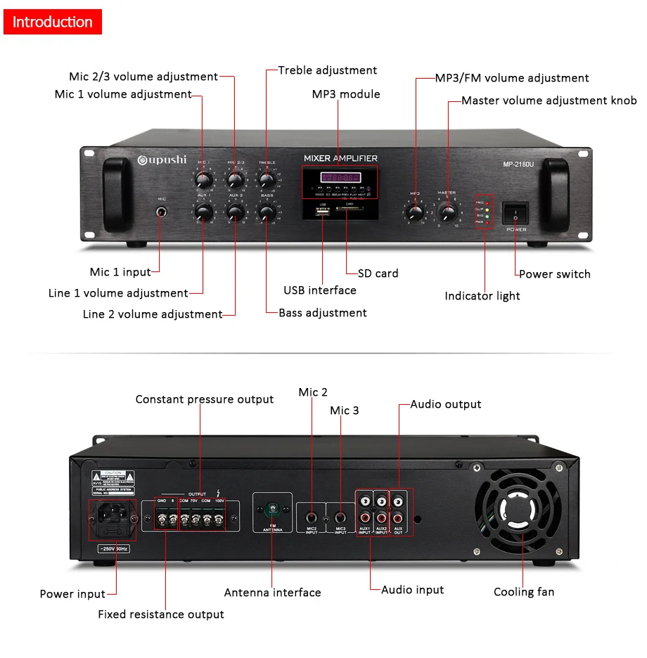 Oupushi MP-2180U высокомощный профессиональный усилитель вещания Многофункциональный Bluetooth усилитель Поддержка дистанционного управления