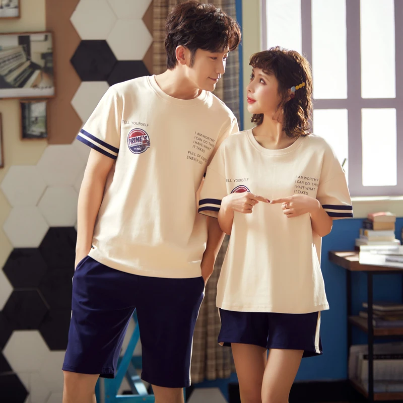 Мужская и женская пара пижам BZEL летние хлопковые пижамы для пар влюбленных