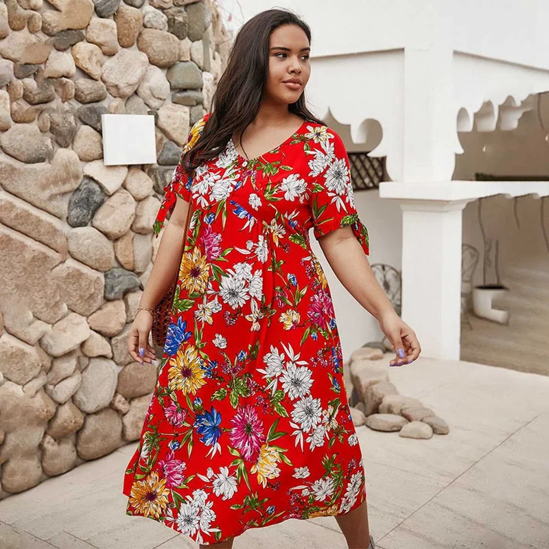 

2x Plus Size Women Floral Print Bohemian Beach Dress Sexy V Neck Short Sleeve Elegant Ladies Dresses XL Red & Yellow