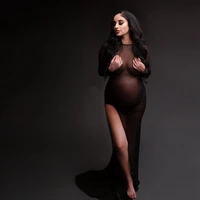 sexy see thru black pregnancy dress side high slit maternity women photo shoot party dresses long sleeves