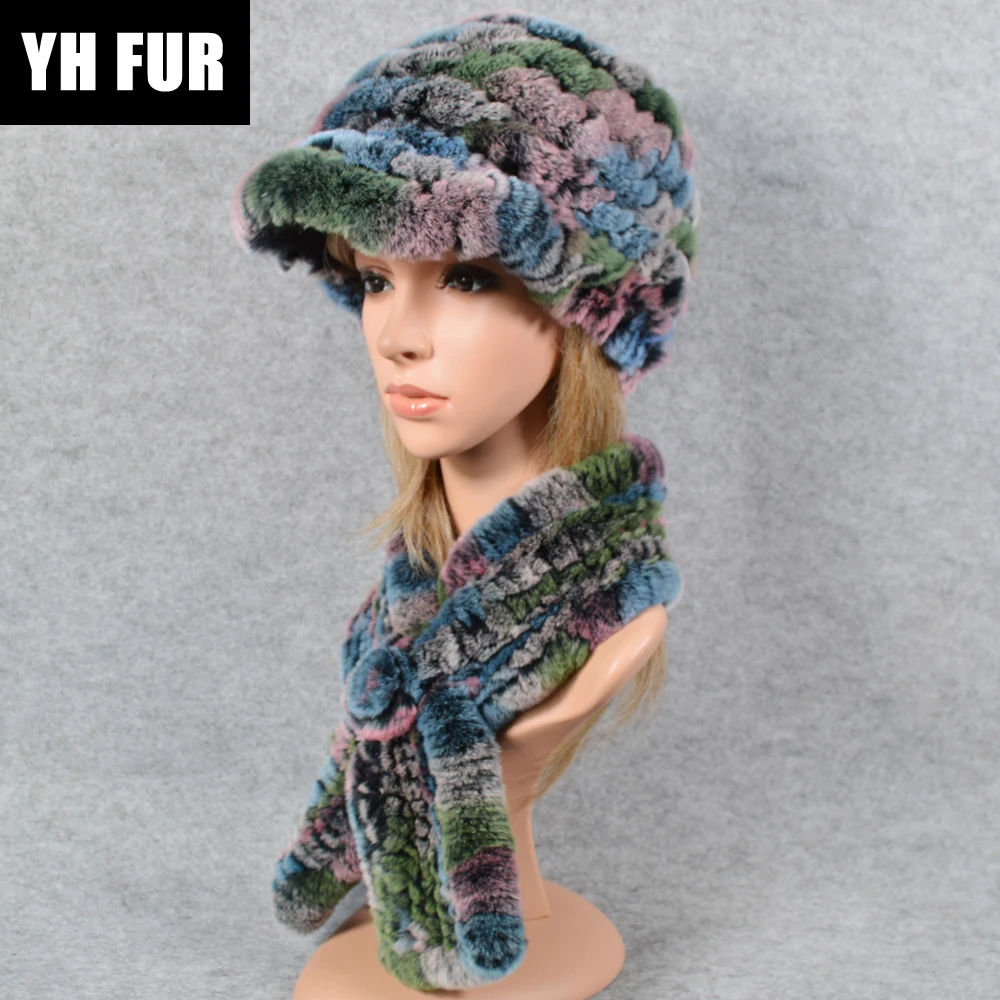 Модная вязаная шапка из натурального меха кролика Рекс шарф женская зимняя